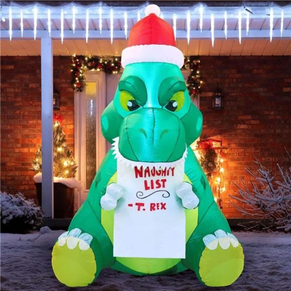 5 FT Dinosaur Christmas Inflatable Outdoor Decor, Sitting Dinosaur, Lights